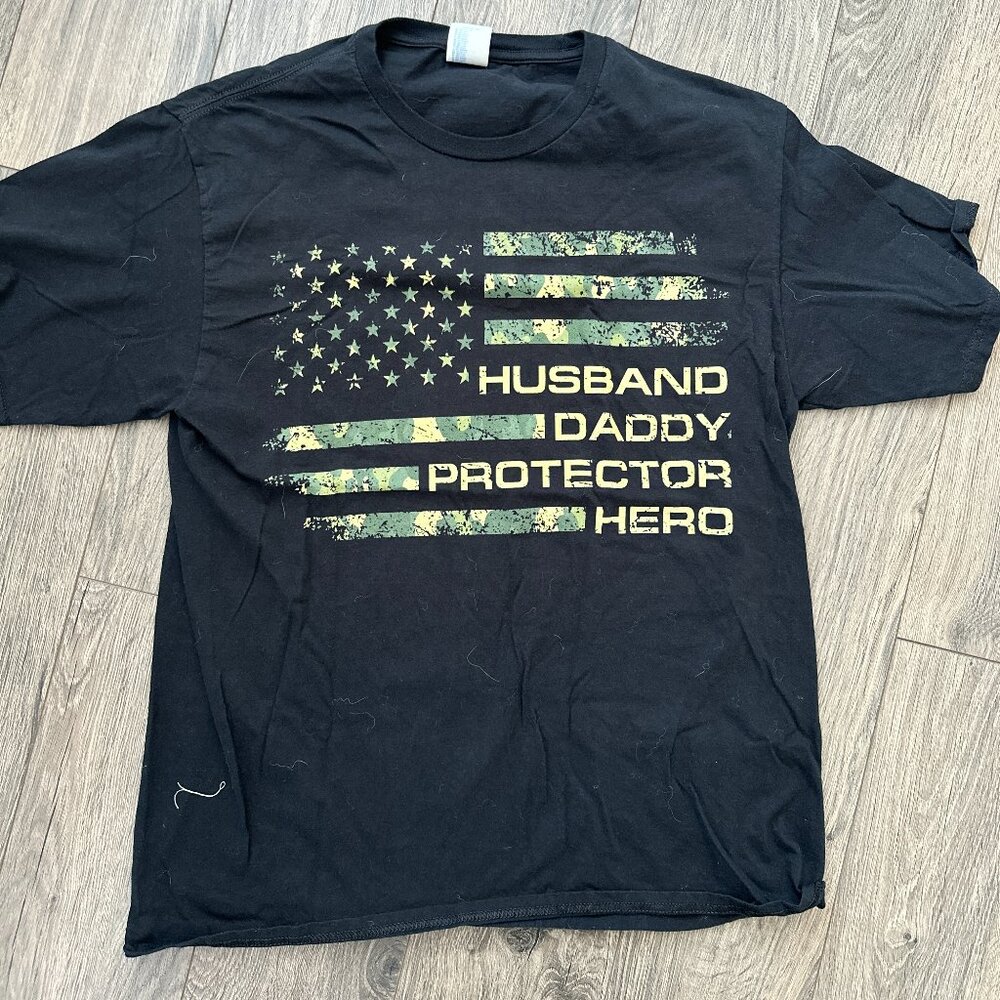 mens black t shirt, size large, military inspired shrit, hero shirt
